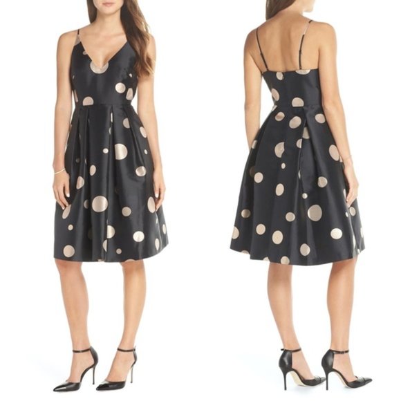 1901 Dresses & Skirts - 1901 Black Gold Polka Dot Fit & Flare Party Dress